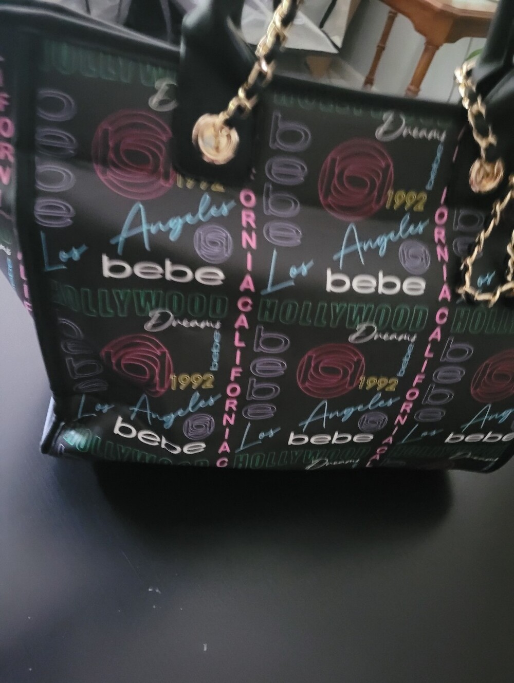 bebe Black Tote with Multicolor Logo Print and Gold Chain Handles - Picture 3 of 9